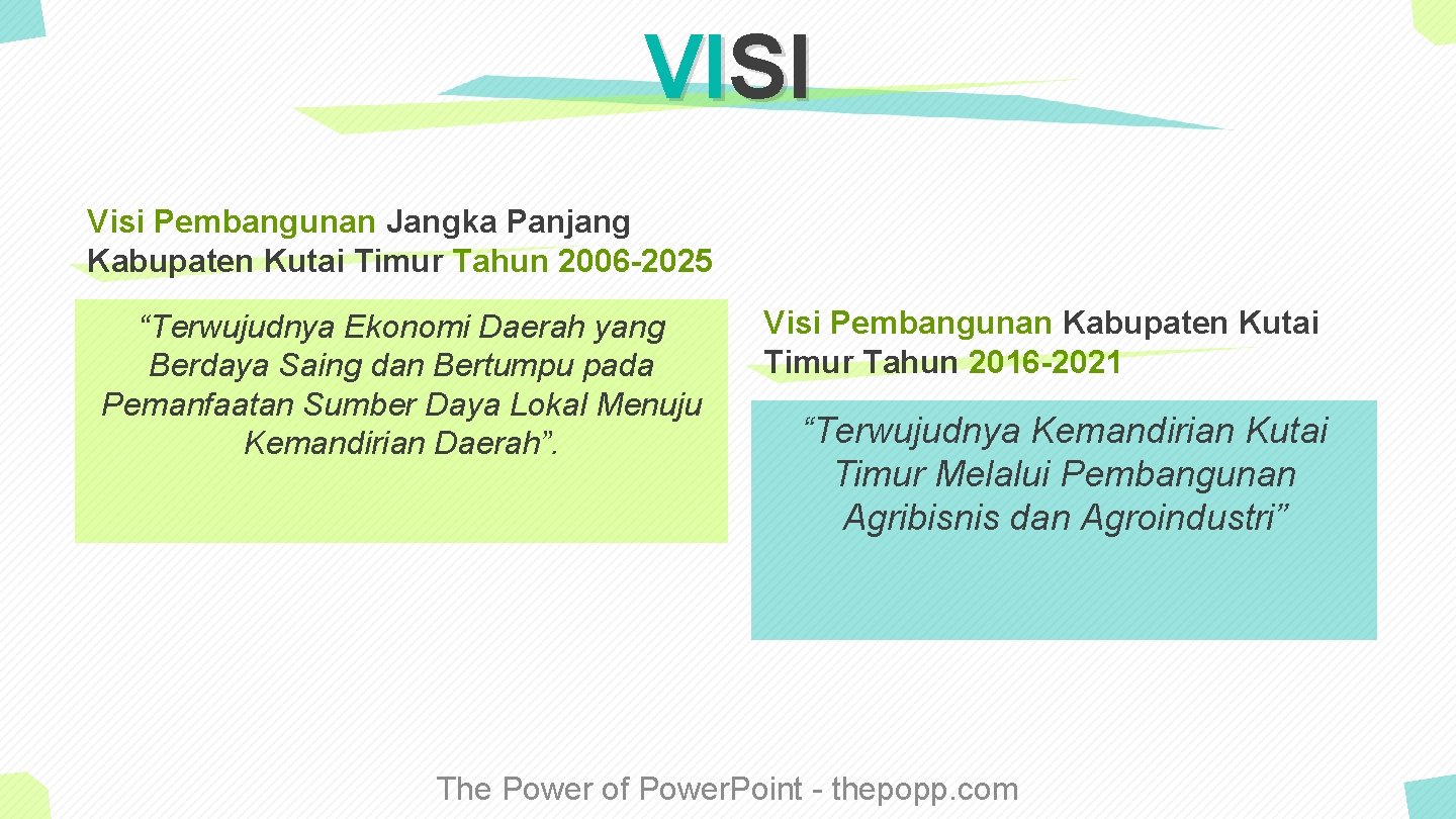 VISI Visi Pembangunan Jangka Panjang Kabupaten Kutai Timur Tahun 2006 -2025 “Terwujudnya Ekonomi Daerah