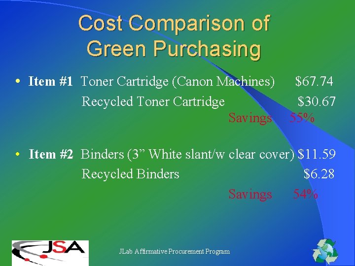 Cost Comparison of Green Purchasing • Item #1 Toner Cartridge (Canon Machines) Recycled Toner