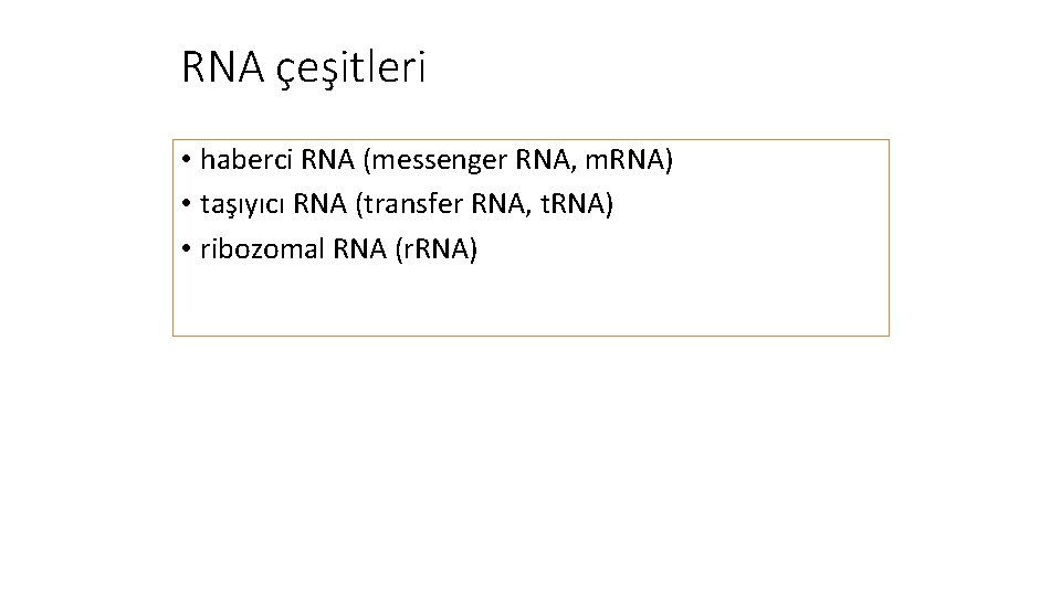 RNA çeşitleri • haberci RNA (messenger RNA, m. RNA) • taşıyıcı RNA (transfer RNA,