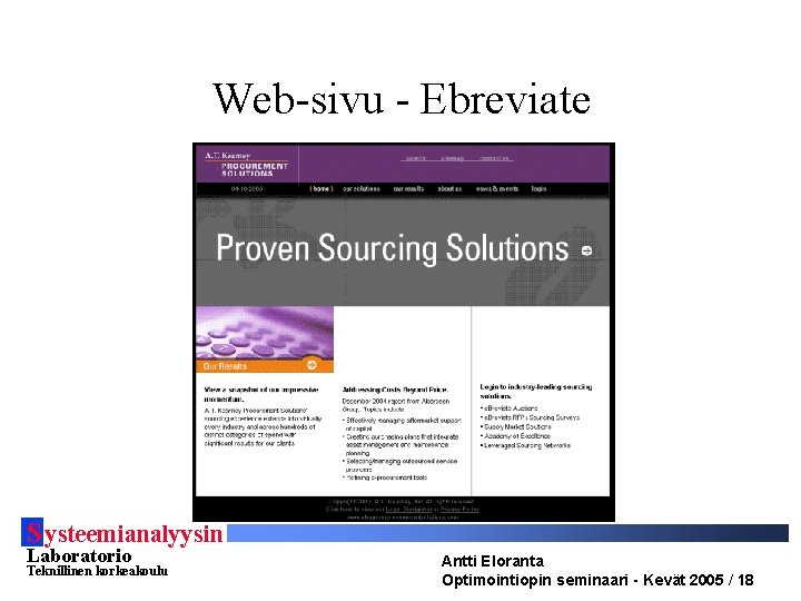 Web-sivu - Ebreviate S ysteemianalyysin Laboratorio Teknillinen korkeakoulu Antti Eloranta Optimointiopin seminaari - Kevät