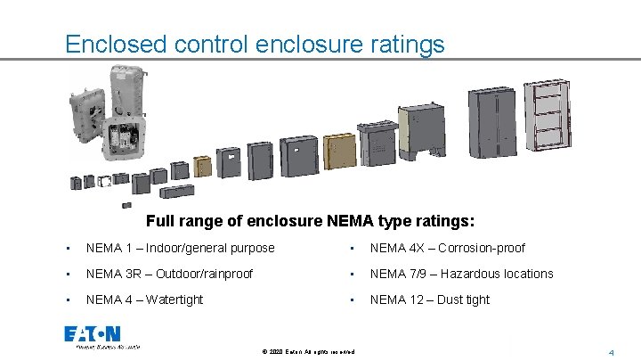 Enclosed control enclosure ratings Full range of enclosure NEMA type ratings: • NEMA 1