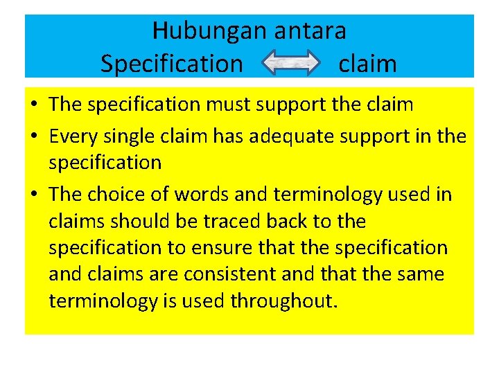 Hubungan antara Specification claim • The specification must support the claim • Every single