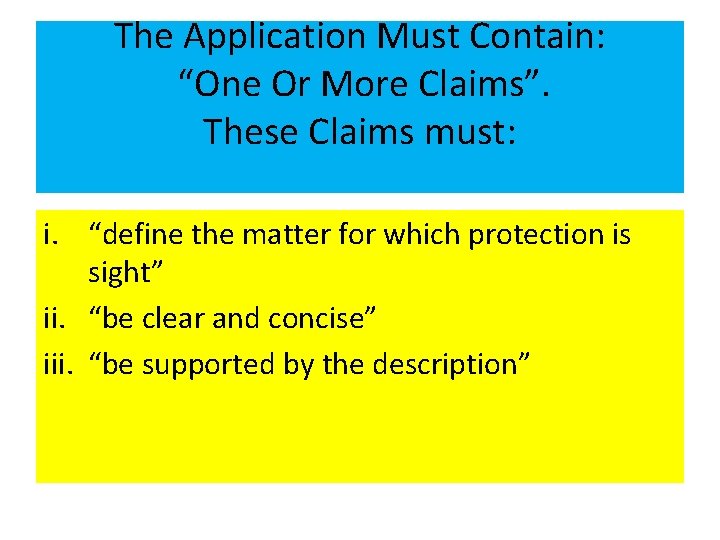 The Application Must Contain: “One Or More Claims”. These Claims must: i. “define the