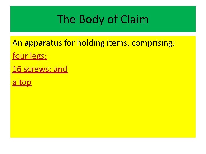 The Body of Claim An apparatus for holding items, comprising: four legs; 16 screws;