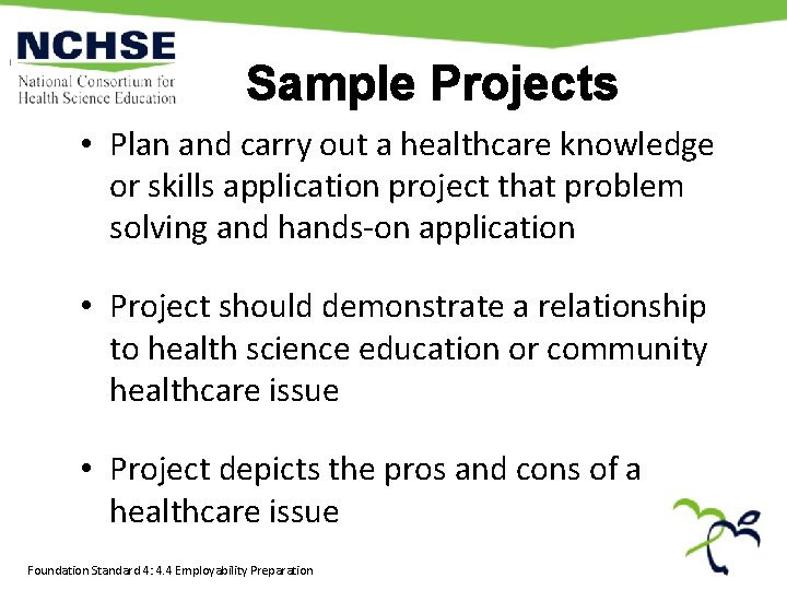 Sample Projects • Plan and carry out a healthcare knowledge or skills application project