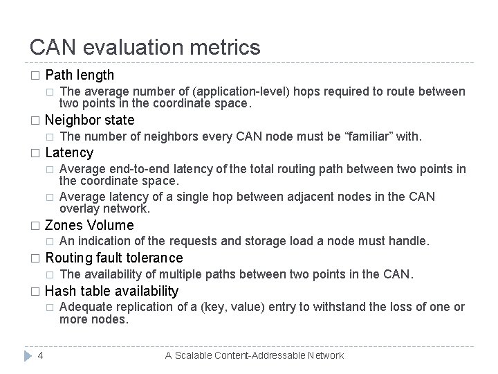 CAN evaluation metrics � Path length � � Neighbor state � � � The