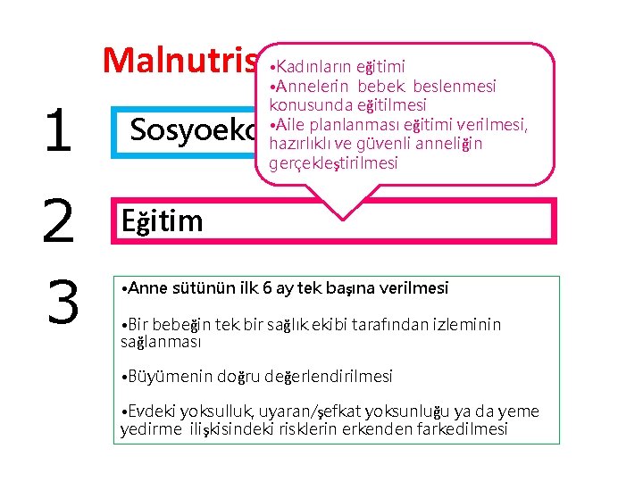 1 2 3 • Kadınların eğitimi Malnutrisyonun önlenmesi • Annelerin bebek beslenmesi konusunda eğitilmesi