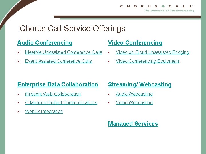 Chorus Call Service Offerings Audio Conferencing Video Conferencing • Meet. Me Unassisted Conference Calls