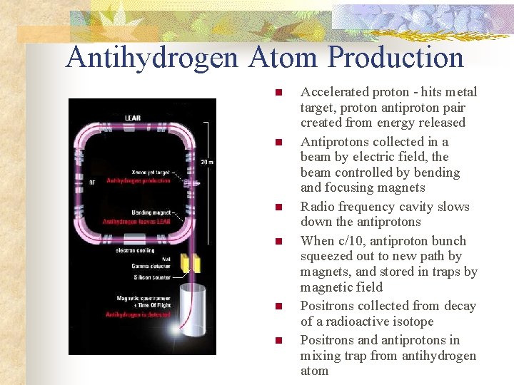 Antihydrogen Atom Production n n n Accelerated proton - hits metal target, proton antiproton