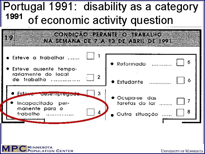Portugal 1991: disability as a category 1991 of economic activity question 2001 