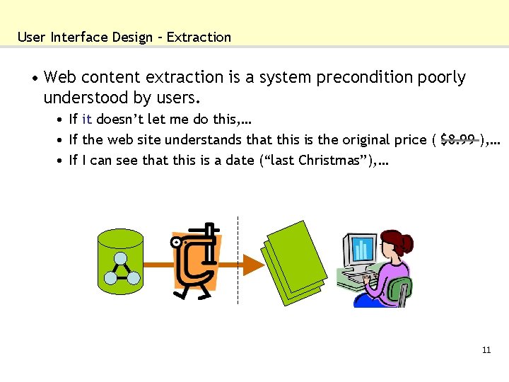 User Interface Design – Extraction • Web content extraction is a system precondition poorly