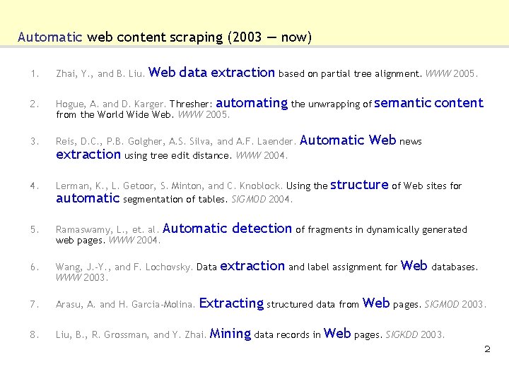 Automatic web content scraping (2003 ― now) Web data extraction based on partial tree