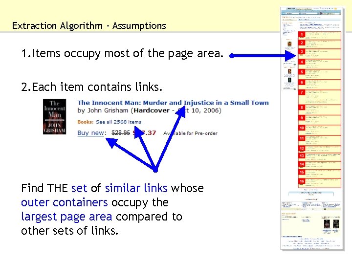 Extraction Algorithm - Assumptions 1. Items occupy most of the page area. 2. Each