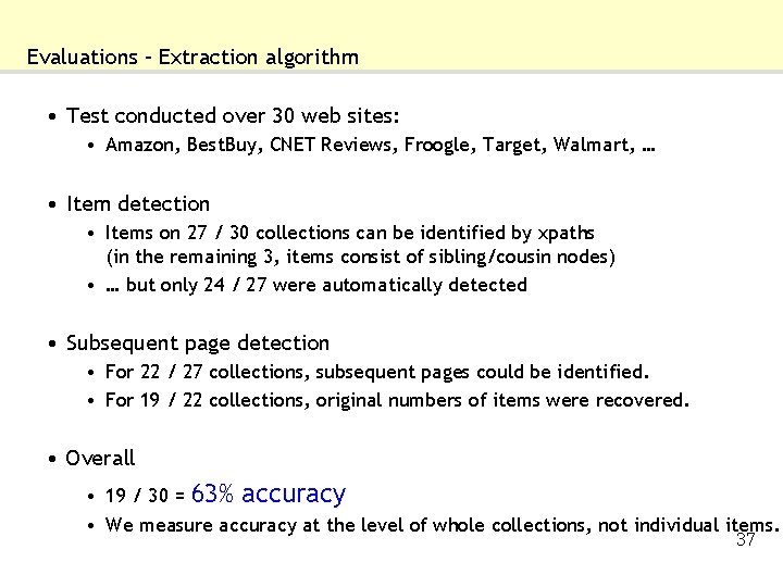 Evaluations – Extraction algorithm • Test conducted over 30 web sites: • Amazon, Best.