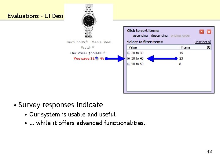 Evaluations – UI Design • Survey responses indicate • Our system is usable and