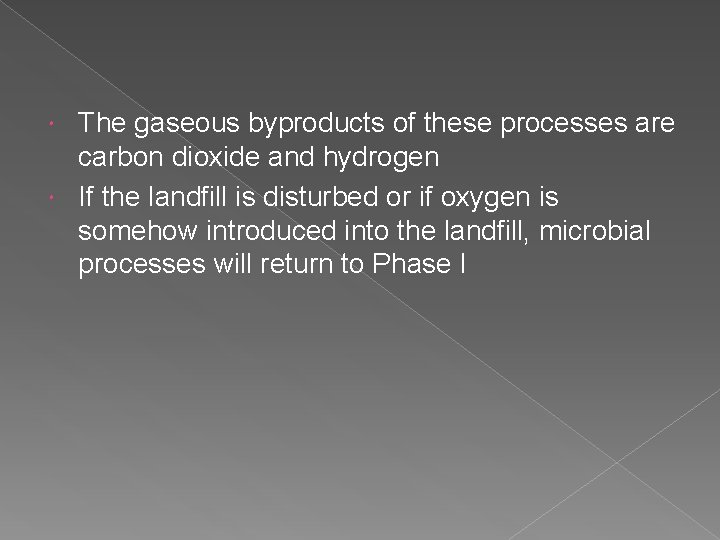 The gaseous byproducts of these processes are carbon dioxide and hydrogen If the landfill