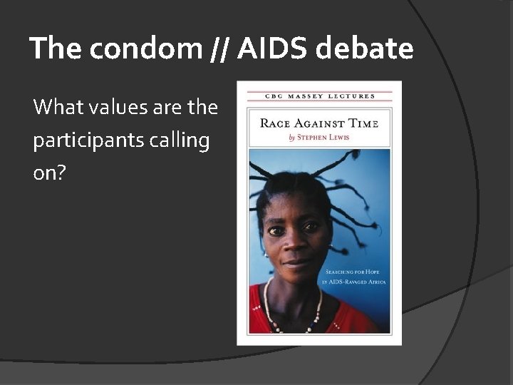 The condom // AIDS debate What values are the participants calling on? 