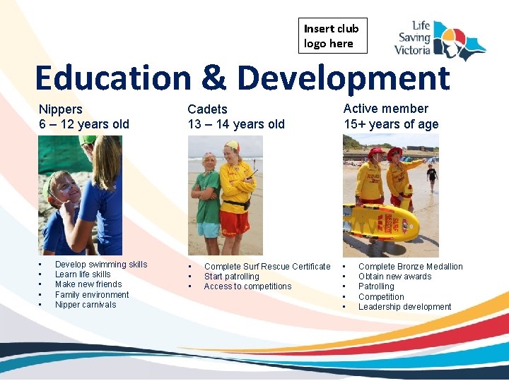 Insert club logo here Education & Development Nippers 6 – 12 years old Cadets