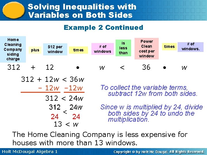 Solving Inequalities with Variables on Both Sides Example 2 Continued Home Cleaning Company siding