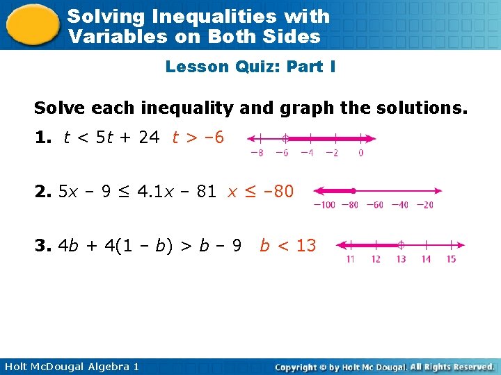 Solving Inequalities with Variables on Both Sides Lesson Quiz: Part I Solve each inequality