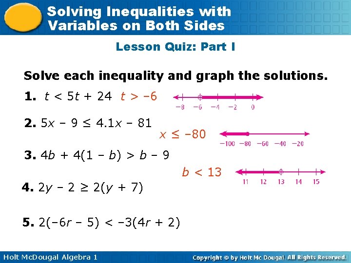 Solving Inequalities with Variables on Both Sides Lesson Quiz: Part I Solve each inequality