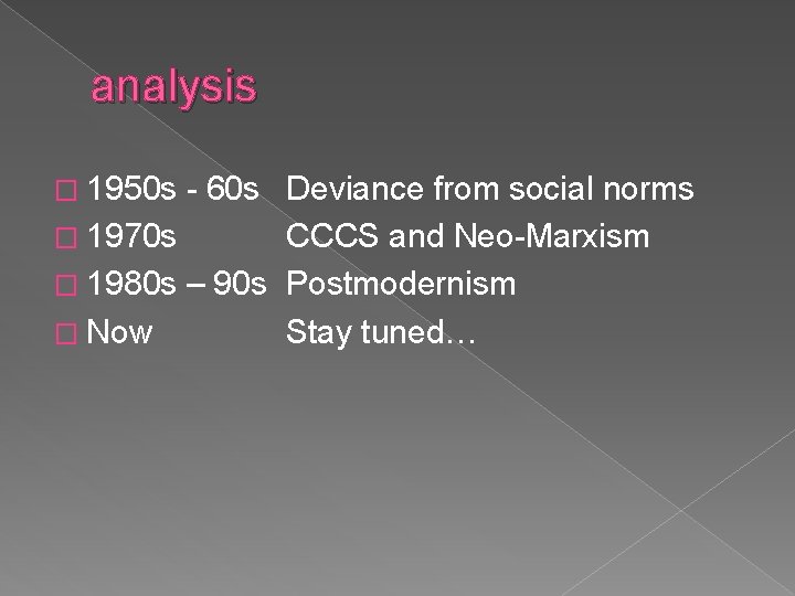 analysis � 1950 s - 60 s Deviance from social norms � 1970 s