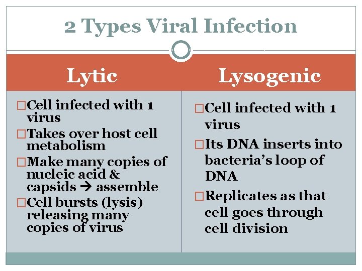 2 Types Viral Infection Lytic �Cell infected with 1 virus �Takes over host cell