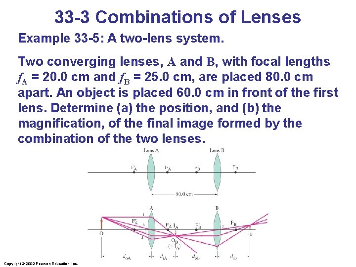33 -3 Combinations of Lenses Example 33 -5: A two-lens system. Two converging lenses,