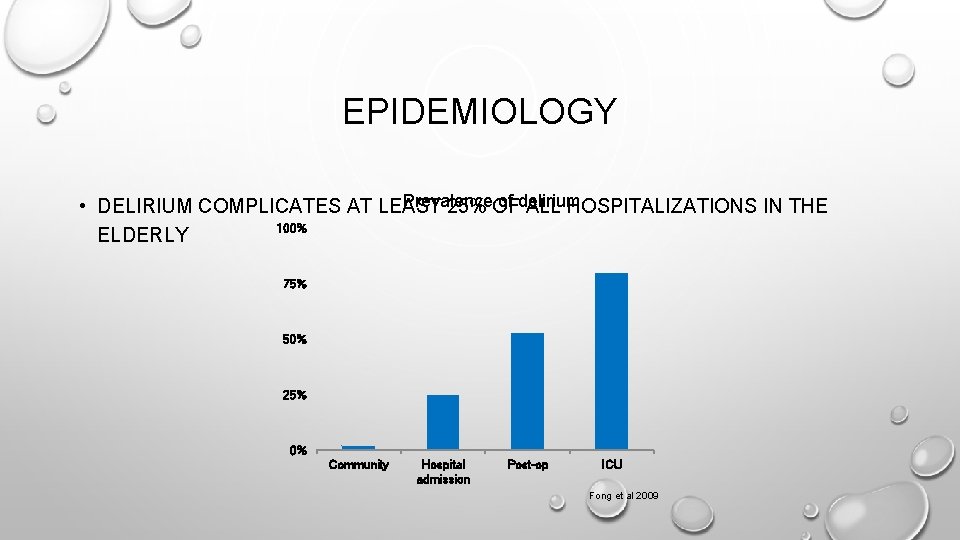 EPIDEMIOLOGY Prevalence of delirium • DELIRIUM COMPLICATES AT LEAST 25% OF ALL HOSPITALIZATIONS IN