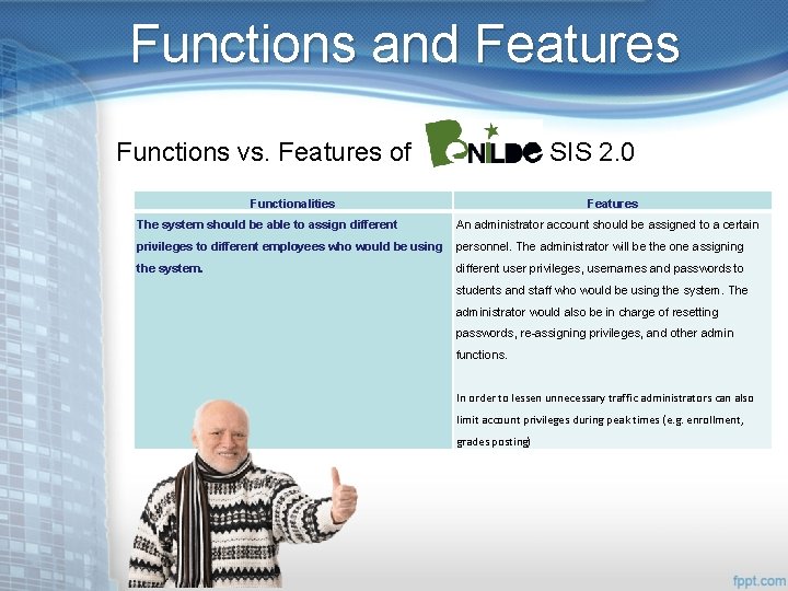 Functions and Features Functions vs. Features of Benilde SIS 2. 0 Functionalities Features The