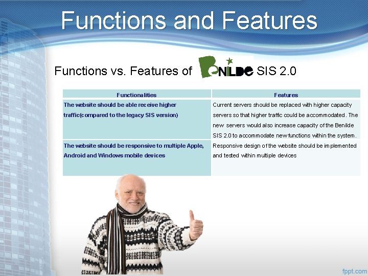 Functions and Features Functions vs. Features of Functionalities Benilde SIS 2. 0 Features The