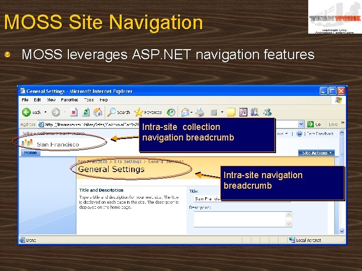 MOSS Site Navigation MOSS leverages ASP. NET navigation features Intra-site collection navigation breadcrumb Intra-site