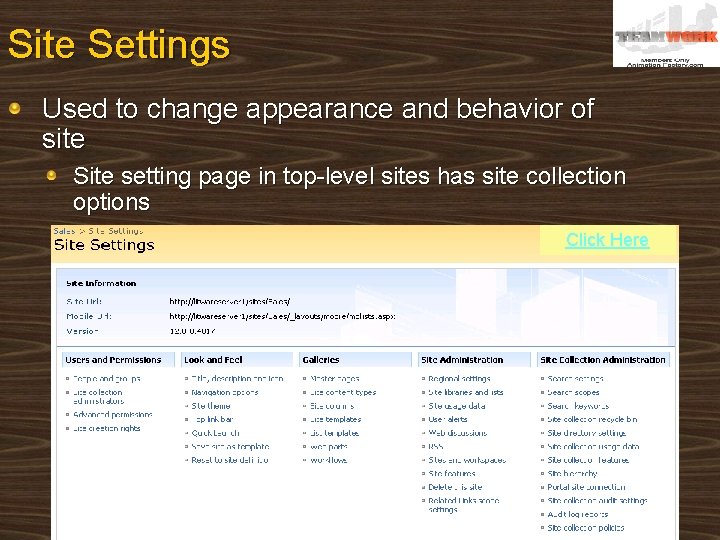 Site Settings Used to change appearance and behavior of site Site setting page in