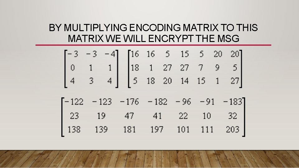 BY MULTIPLYING ENCODING MATRIX TO THIS MATRIX WE WILL ENCRYPT THE MSG BY MULTIPLYING ENCODING MATRIX TO THIS MATRIX WE WILL ENCRYPT THE MSG