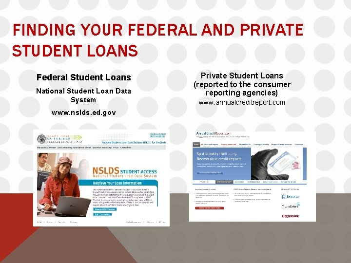 FINDING YOUR FEDERAL AND PRIVATE STUDENT LOANS Federal Student Loans National Student Loan Data