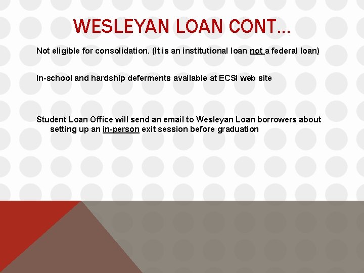 WESLEYAN LOAN CONT… Not eligible for consolidation. (It is an institutional loan not a