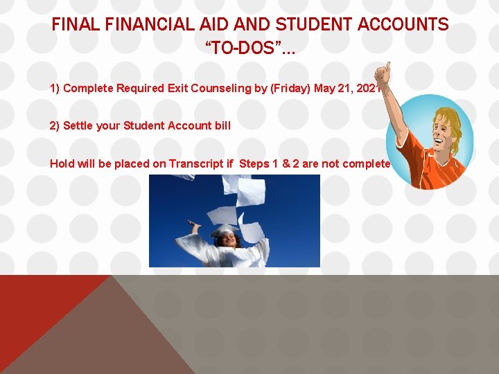 FINAL FINANCIAL AID AND STUDENT ACCOUNTS “TO-DOS”… 1) Complete Required Exit Counseling by (Friday)
