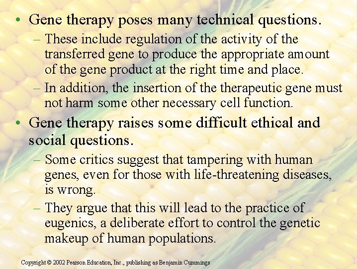  • Gene therapy poses many technical questions. – These include regulation of the