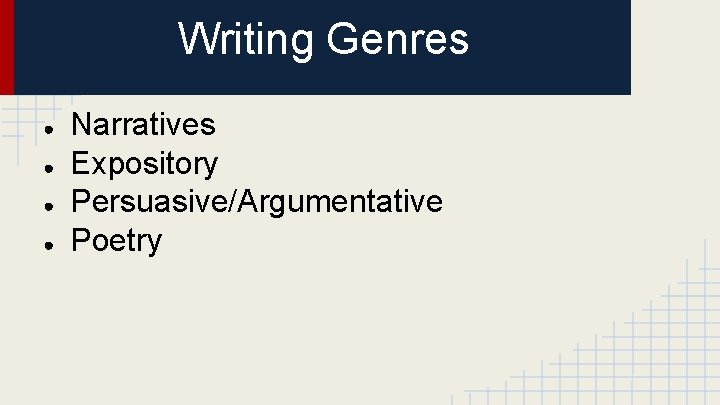 Writing Genres ● ● Narratives Expository Persuasive/Argumentative Poetry 