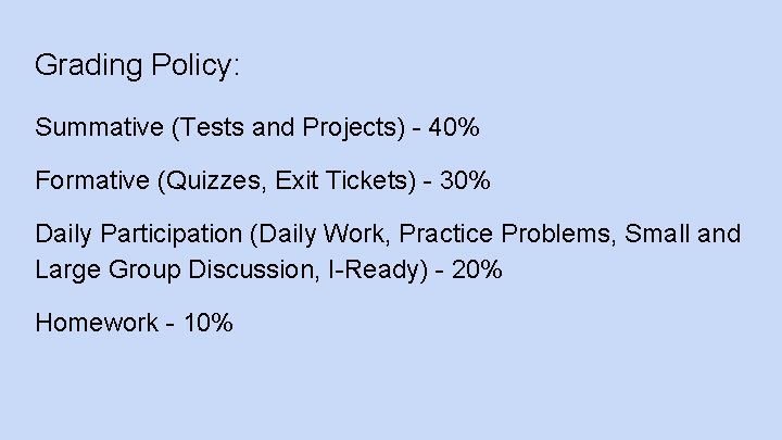 Grading Policy: Summative (Tests and Projects) - 40% Formative (Quizzes, Exit Tickets) - 30%