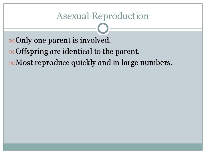 Asexual Reproduction Only one parent is involved. Offspring are identical to the parent. Most