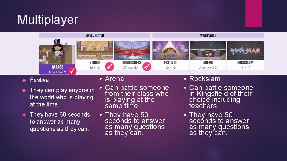 Multiplayer • Arena They can play anyone in • Can battle someone from their