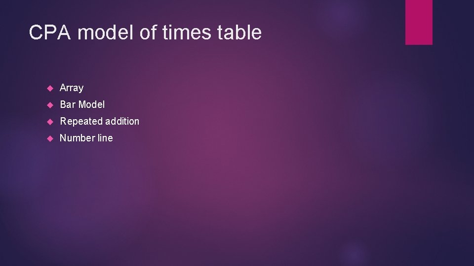 CPA model of times table Array Bar Model Repeated addition Number line 