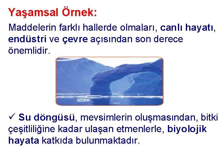 Yaşamsal Örnek: Maddelerin farklı hallerde olmaları, canlı hayatı, endüstri ve çevre açısından son derece