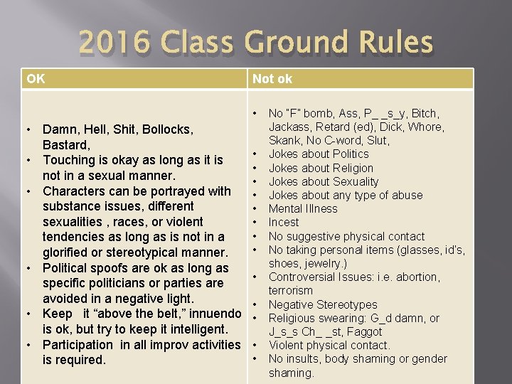 2016 Class Ground Rules OK Not ok • • Damn, Hell, Shit, Bollocks, Bastard,