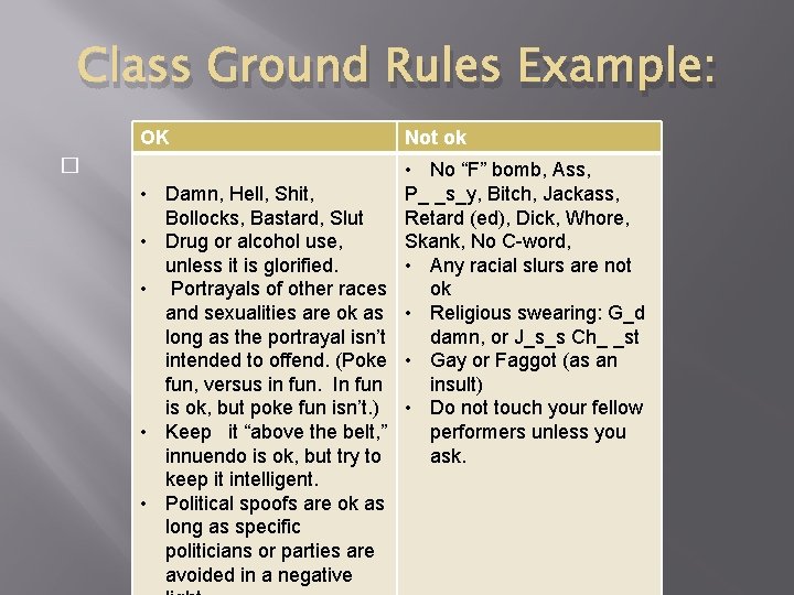 Class Ground Rules Example: OK � • Damn, Hell, Shit, Bollocks, Bastard, Slut •