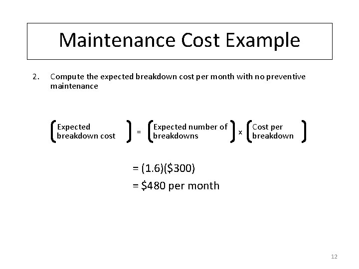 Maintenance Cost Example 2. Compute the expected breakdown cost per month with no preventive