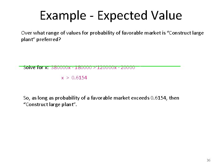 Example - Expected Value Over what range of values for probability of favorable market