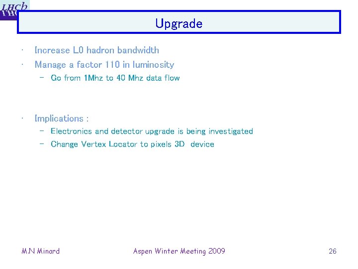 Upgrade • • Increase L 0 hadron bandwidth Manage a factor 110 in luminosity