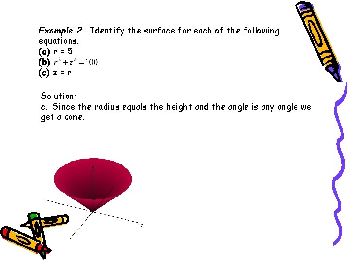 Example 2 Identify the surface for each of the following equations. (a) r =